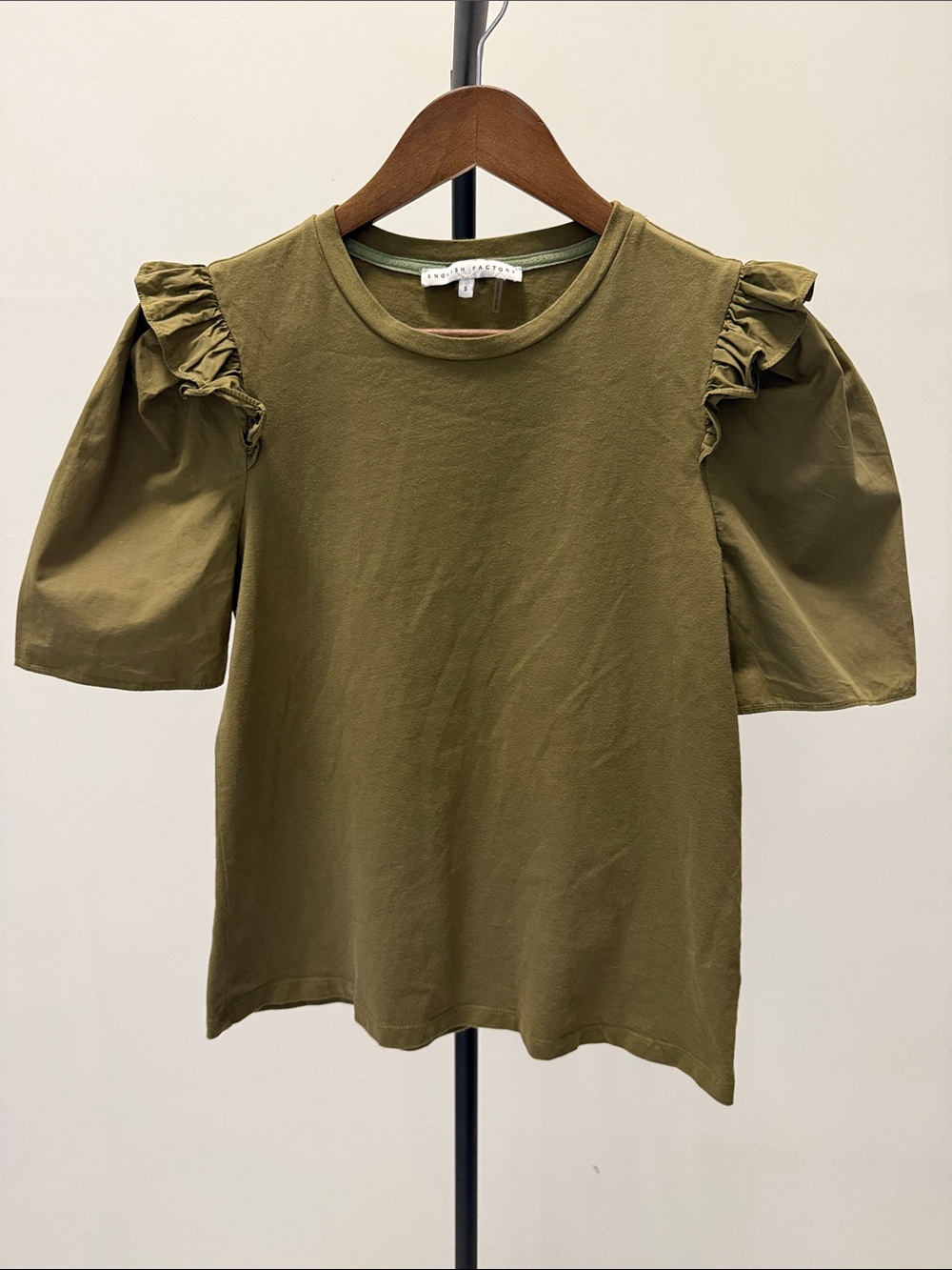 English Factory Olive Ruffle Shoulder Short Sleeve Tee | Size S